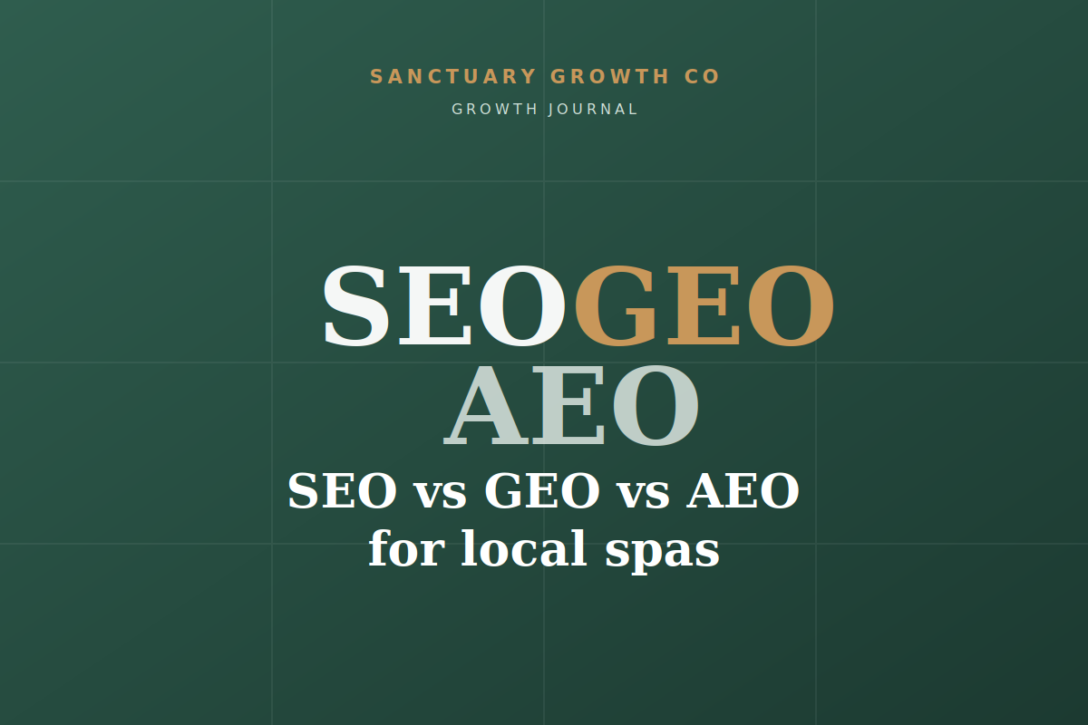 SEO vs GEO vs AEO for local spas — Sanctuary Growth Co Growth Journal